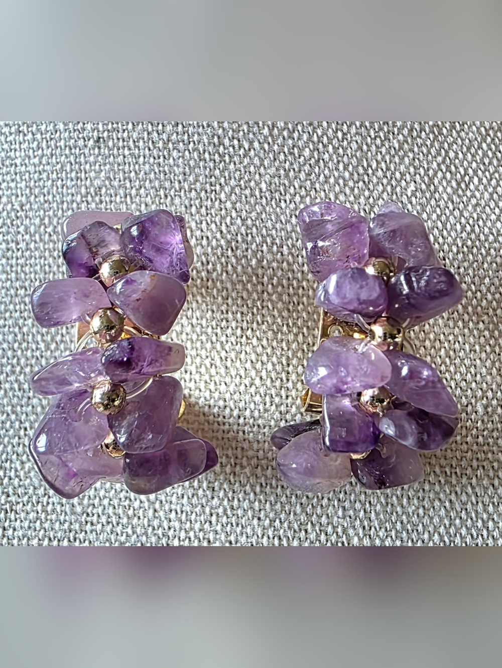Artisan Made Amethyst Hoop Earings With Goldtone Ball Accents.